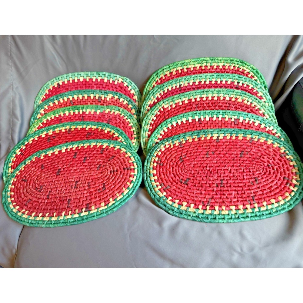 (10) Vtg Watermelon Red Green Hand Woven Rattan Oval Placemats‎ Summer Party